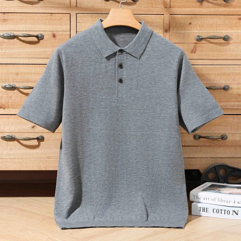 Summer 100% Merino Wool Men's Lapel Pullover Short Sleeve POLO Neck Sweater Loose Top Business Casual Knit Cashmere T-shirt