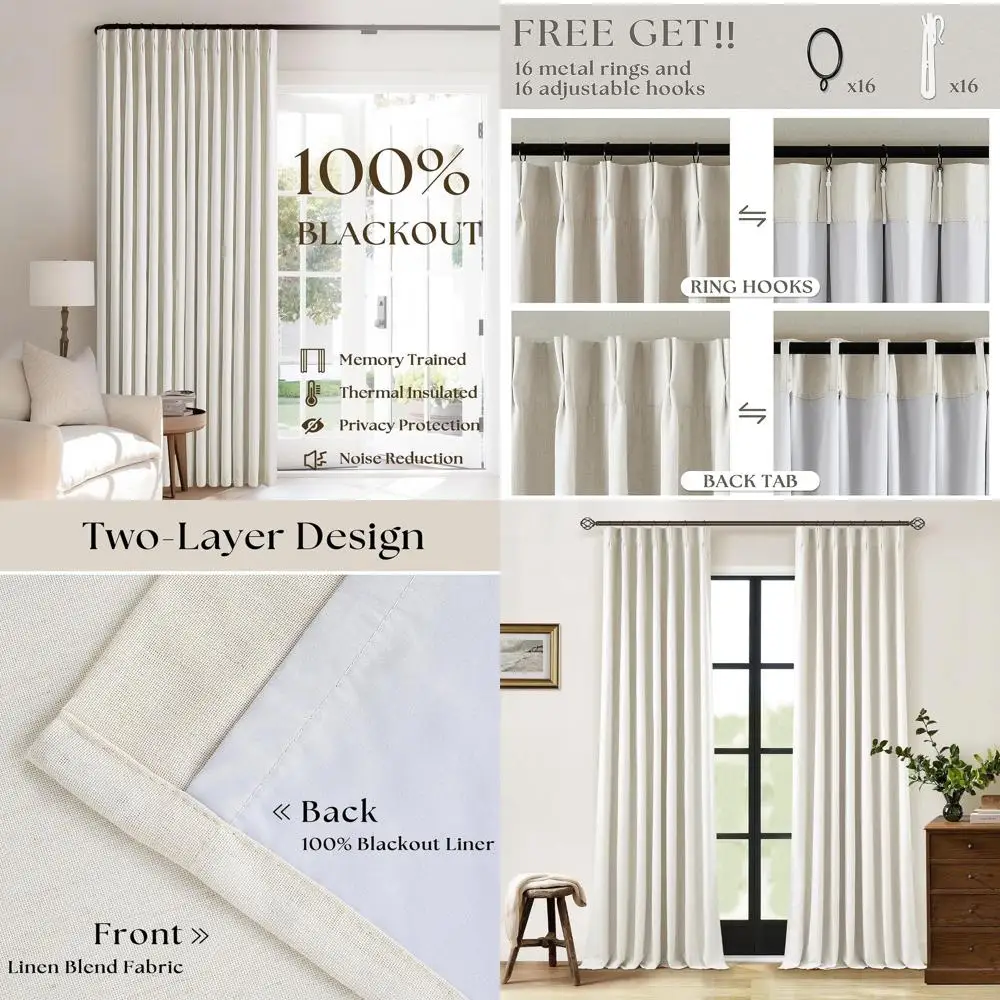 

Кремово-белые льняные шторы блэкаут цвета слоновой кости, комплект из 2 панелей, 100% затемнение, с защипами и кольцами, двухслойные, для гостиной