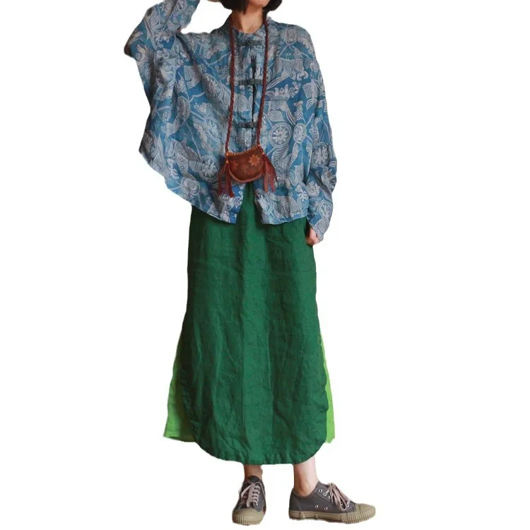 女性リネン中国風のヴィンテージシャツバットスリーブプリント花春ブラウス 2024 新しいボタン高品質ルーズ女性シャツ