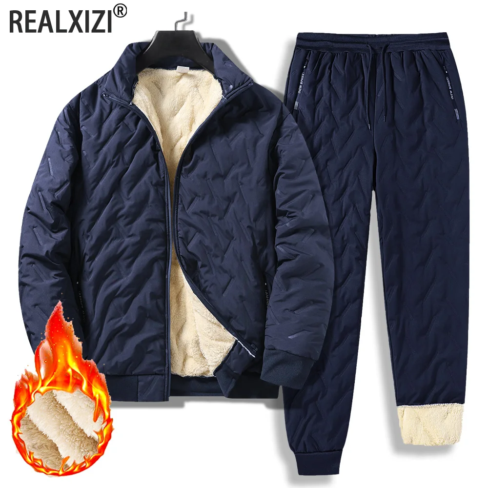 

Men's Lamb Fleece Cotton Jacket and Pants 2-piece Set Autumn and Winter Thick Warm Sports Suit Casual Solid Color Coat and Pants