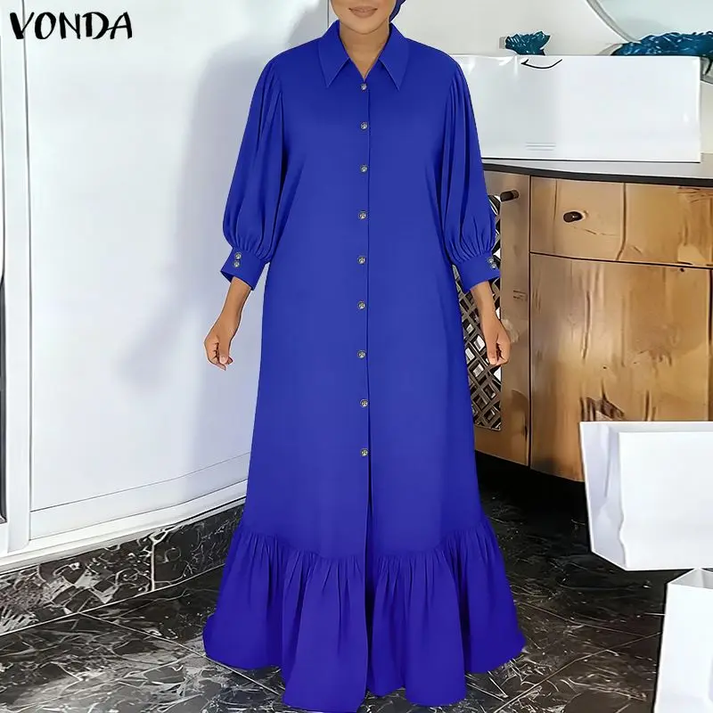 

VONDA Plus Size Dresses Women Summer 3/4 Puff Sleeve Solid Maxi Sundress 2026 Lapel Casual Long Shirt Ruffle Elegant Office Robe