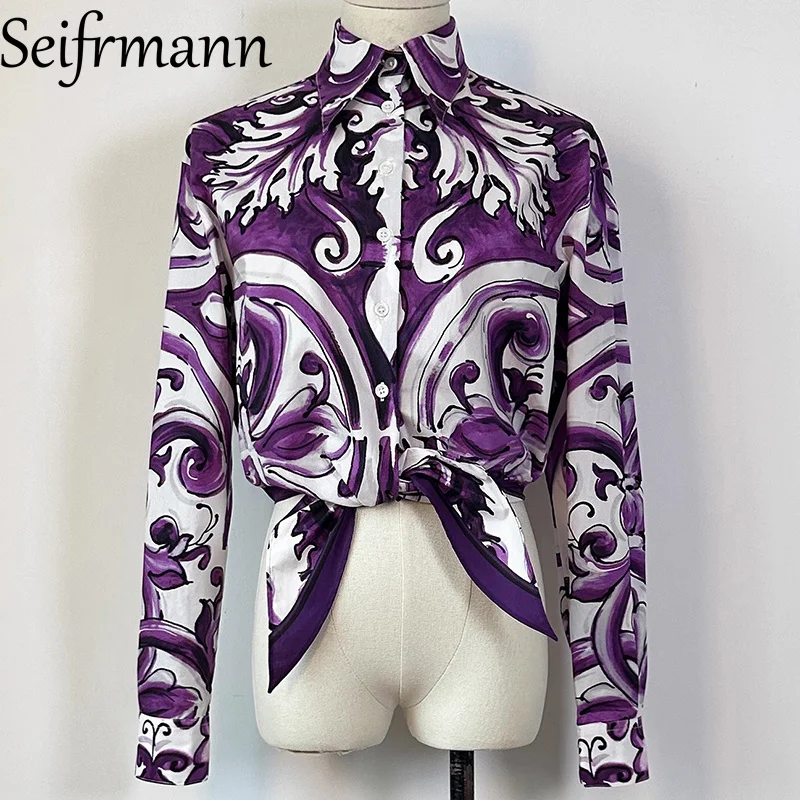 เสื้อผู้หญิงเซฟร์มันน์ เอลิแกนท์คอปกพับได้กระดุมแถวเดียวแขนยาวแฟชั่นพิมพ์ลายเสื้อผ้าฝ้าย