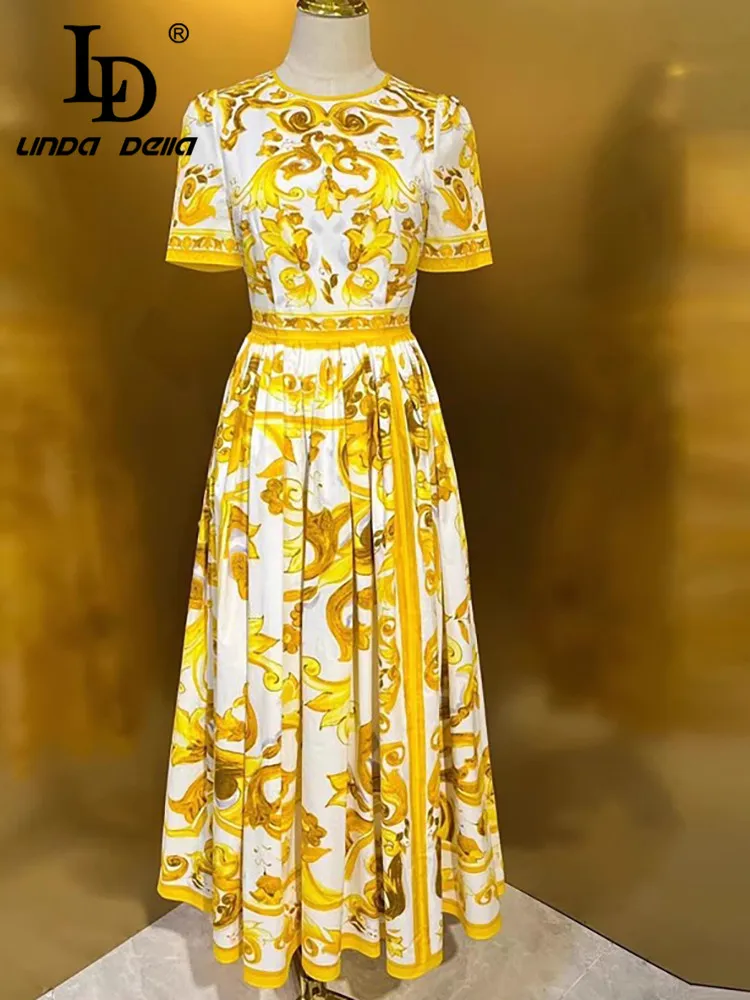 LD LINDA DELLA 2024 Summer Luxury Dress Women\'s High Quality Cotton Bohemian Print Ruched Big Swing Medium Length Dresses