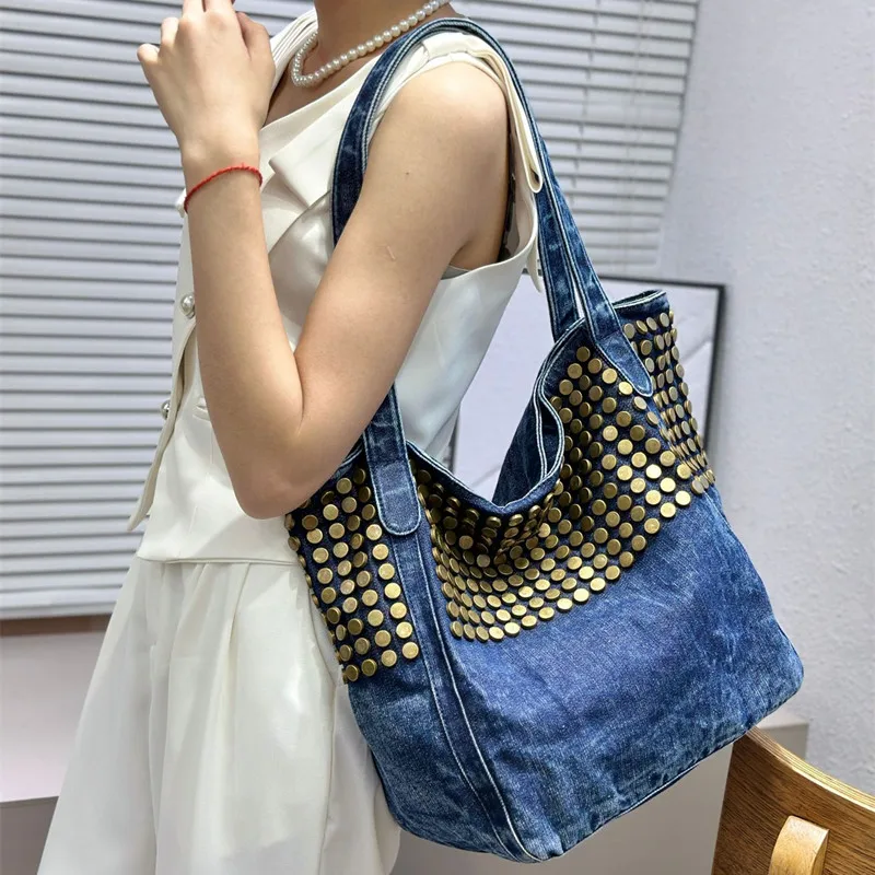 

2025 Luxury Women Handmade Rivets Denim Punk Handbags Fashion Large Capacity Tote Bags New Brand Casual Hand-held Shoulder Bag