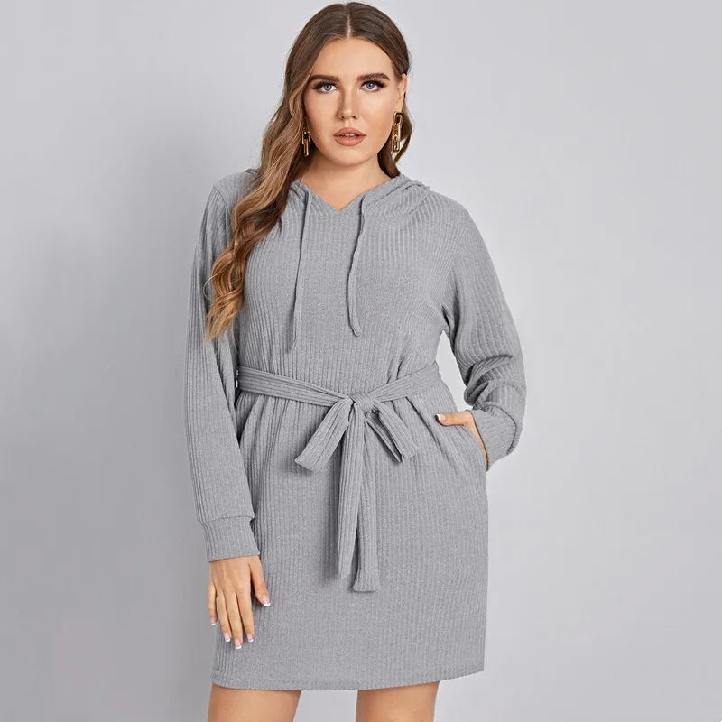

Plus Size Long Sleeve Spring Autumn Hoodie Dress Women Sashes Waist Ribbed Knit Loose Sports Dress Large Size Casual Dress 7XL
