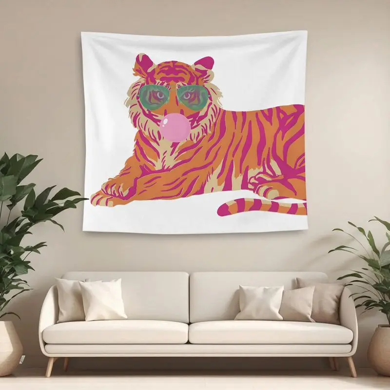 VIKAMA Tiger Sunglasses Bubble Gum Wall Tapestry White Background Orange Pink Wild Cat Green Shades Funny Pop Art Bedroom Living