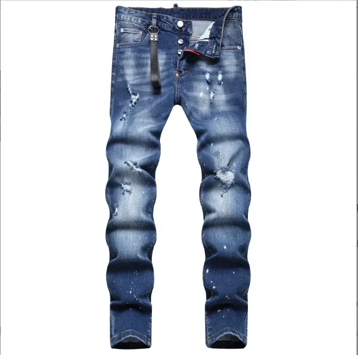 

2024 European and American Men's Distressed and Splashed Paint Simple and Versatile Slim-fit Skinny Mid-rise Jeans.