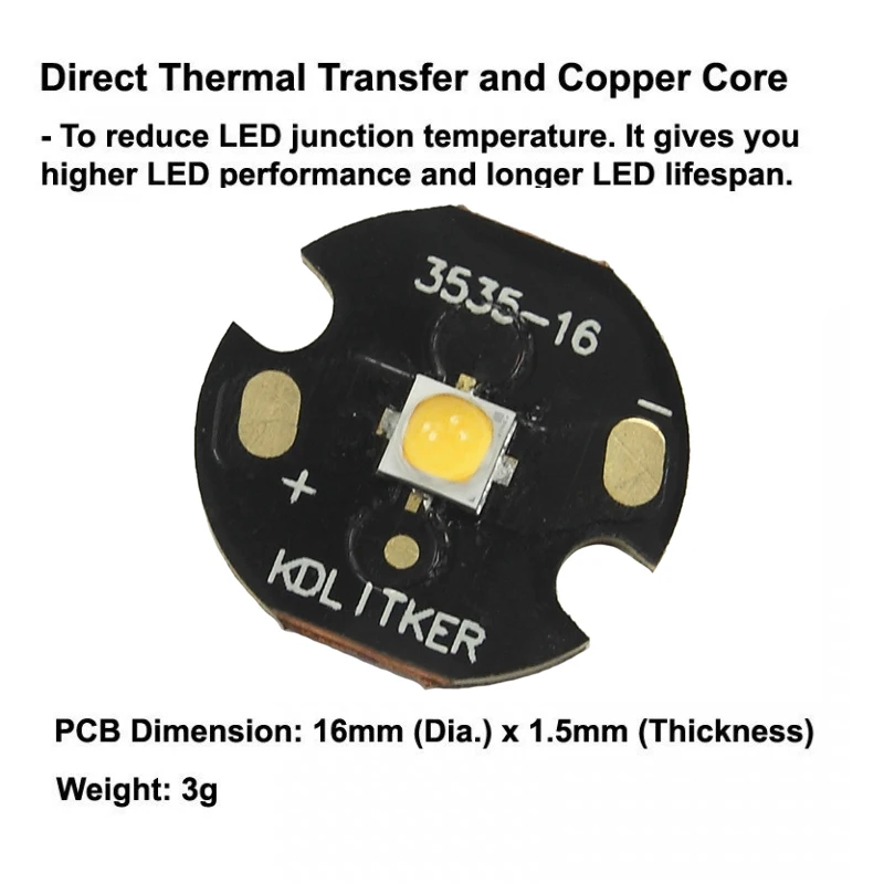 519A 7.04W 2200mA 5700K 5000K 4500K 4000K 3500K 3000K 2700K CRI90 SMD 3535 LED Emitter on KDLitker DTP Copper MCPCB
