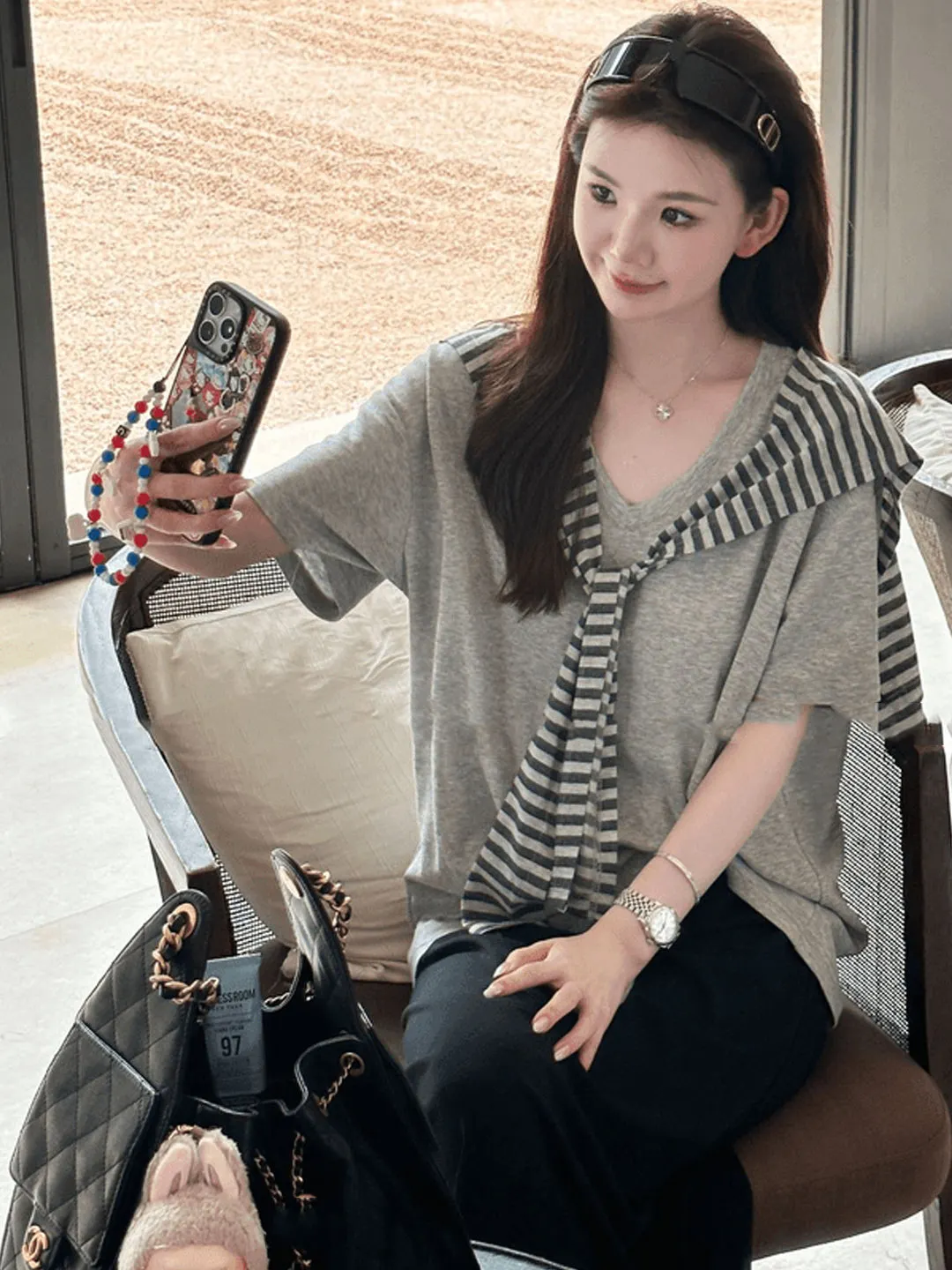 Korean Style Casual Striped Shoulder Wrap Short Sleeve T-Shirt Women Summer Lazy Loose Slimming Fashion Casual Top