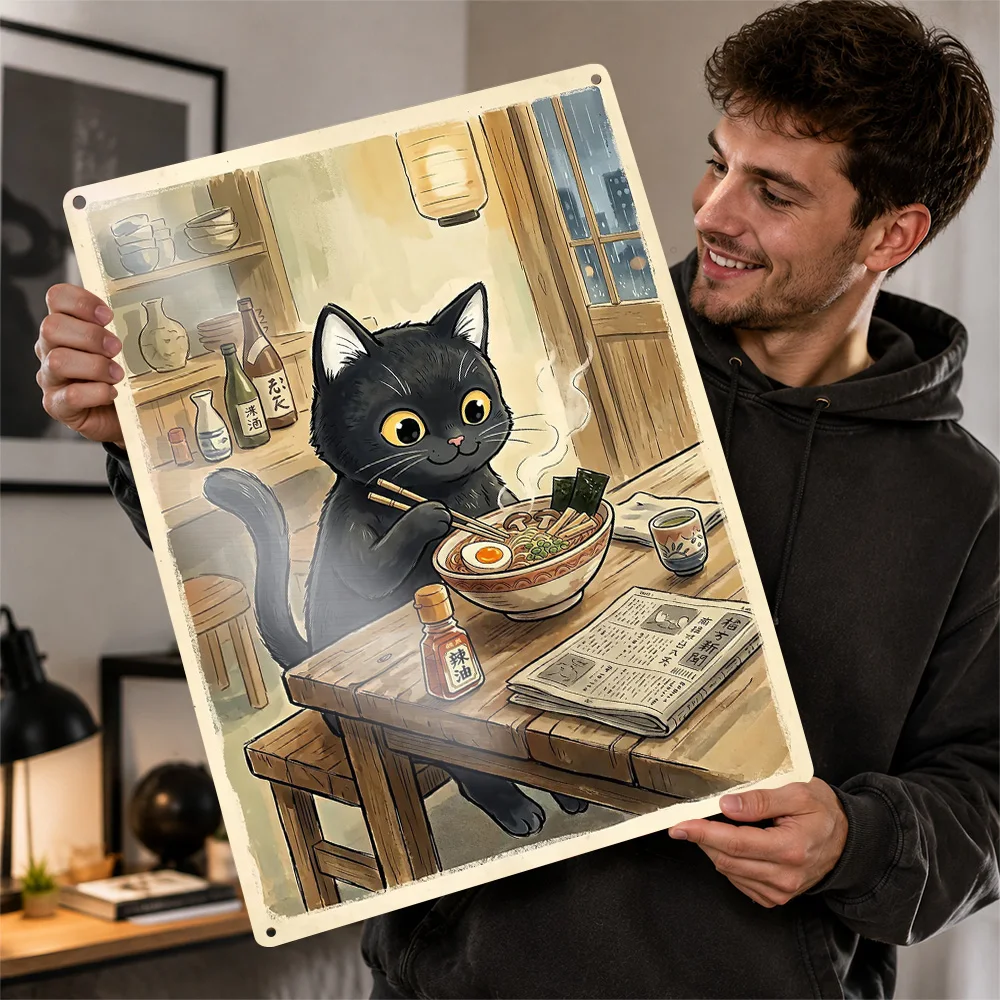 Black Cat Enjoying Ramen 3D Texture Metal Poster Customized Wall Art Tin Sign Gift for Mancave Decoration Room Decor Luxury Home