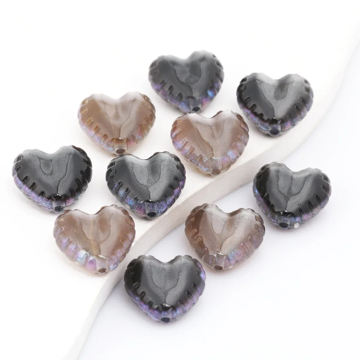 7pcs Random Color Brown & Gray Wavy‑Edge Heart Acrylic Beads,2.1x1.9cm,0.2cm Hole,for DIY Jewelry Making