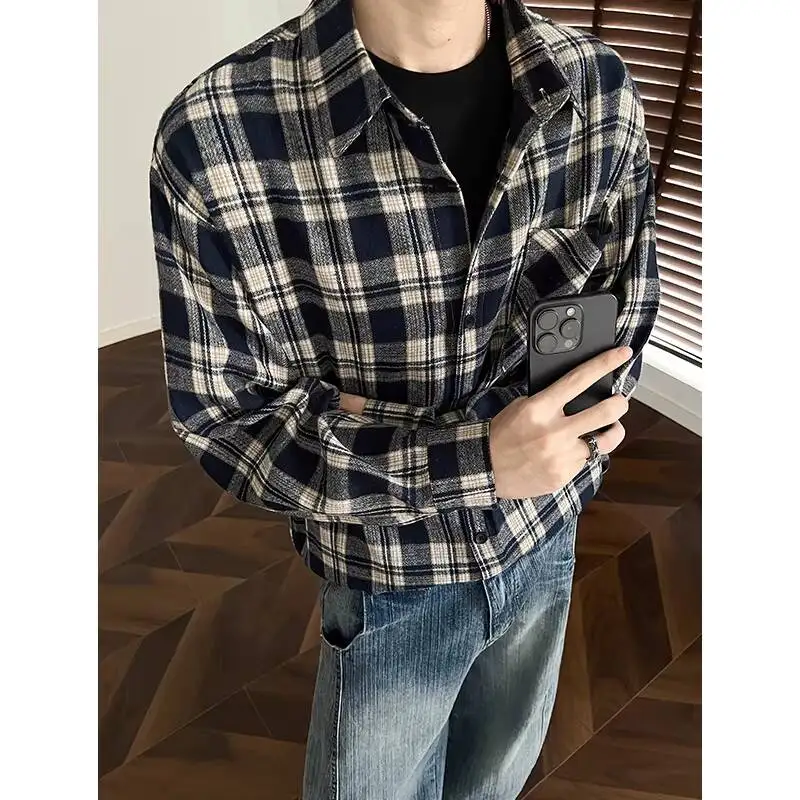 

Black Long Sleeved Shirt Men Fashion Retro Brown Plaid Shirt Men Streetwear Korean Loose Casual Shirts Mens Large Size 4XL
