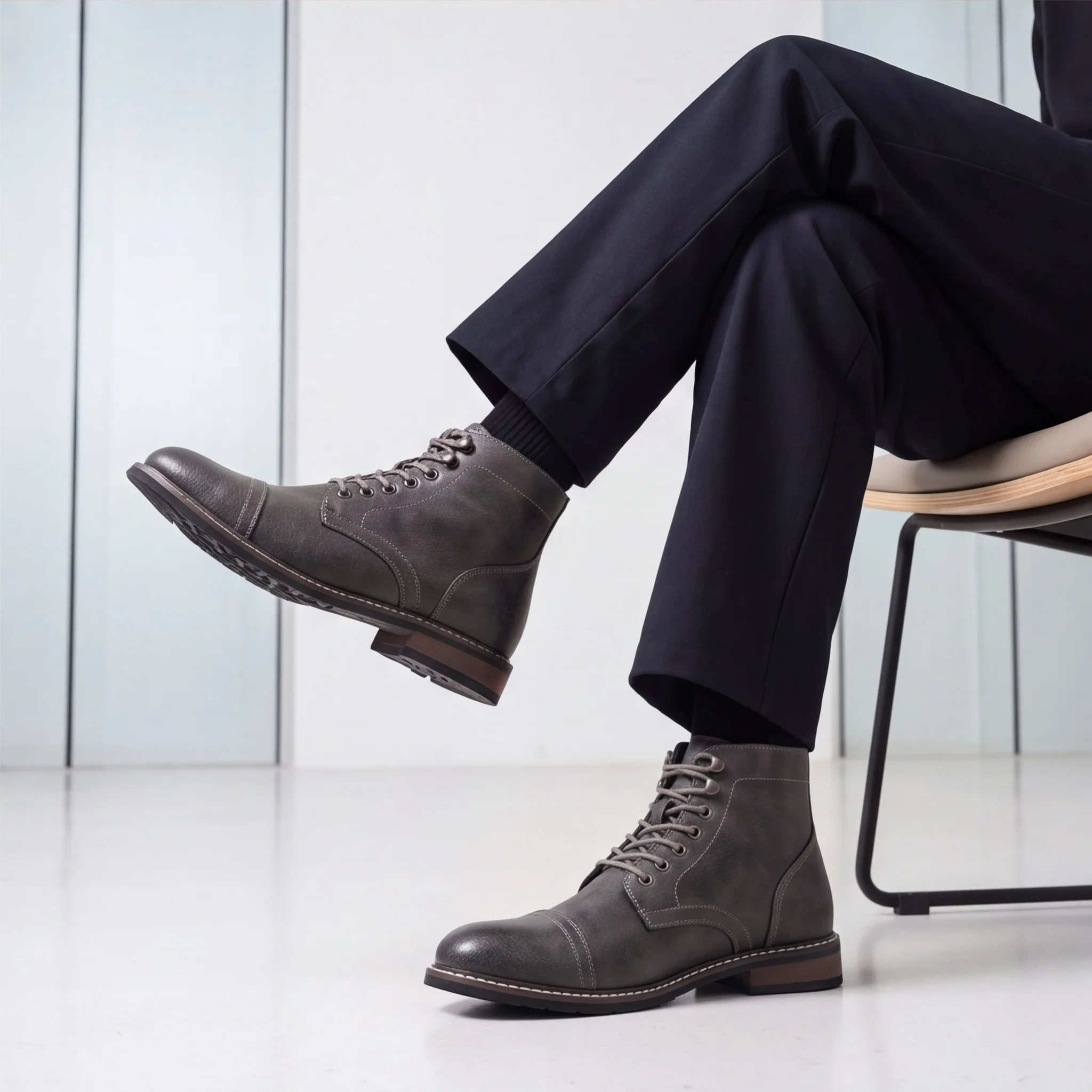 Men's Boots Round Toe Boots For Man Lace Up Ankle Boots Mens Boots Slim Outsole With Low Block Heel Ankle Height
