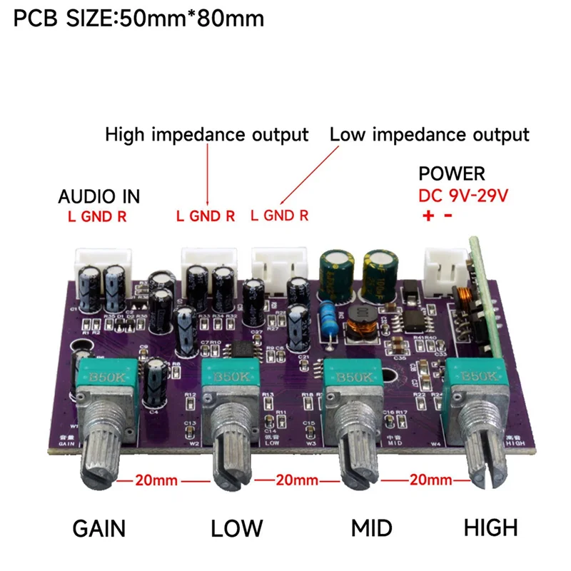 AA08-NE5532 HIFI 야외 스피커 3밴드 밸런스드 프리앰프 톤 보드 베이스/미드 트레블 단일 전원 공급 장치 DC9-29V