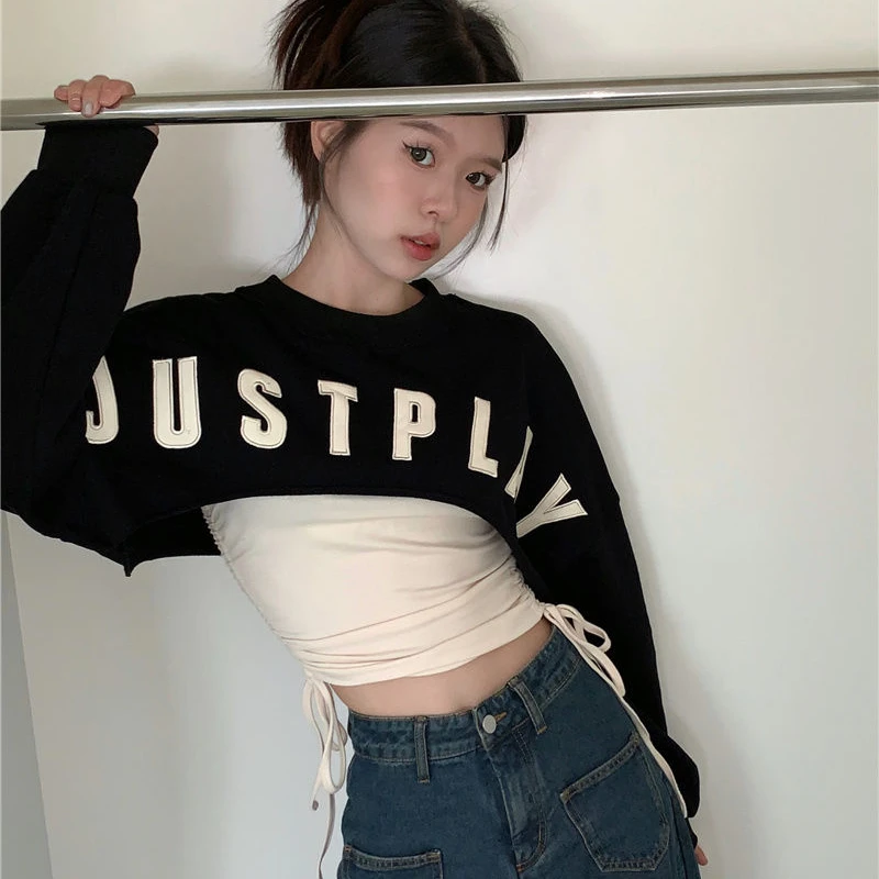 Letter Black Pullover Sweatshirt Women\'s Spring Summer Retro Female Crop Top Fashioon Streetwear Long Sleeve Oversized Hoodie