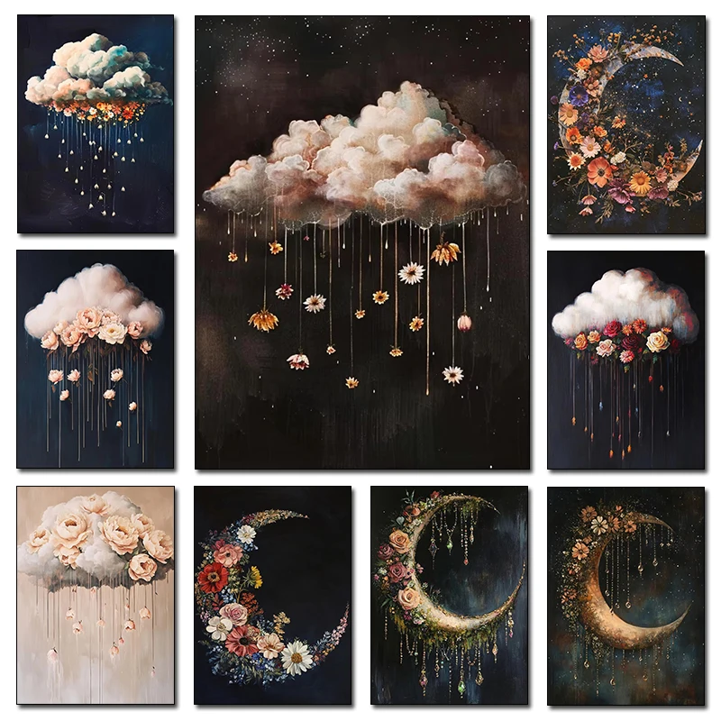 Retro Abstract Flowers Pattern Clouds Moon Raindrops Poster Canvas Painting Prints Art Picture Home Room Wall Decoration Gift
