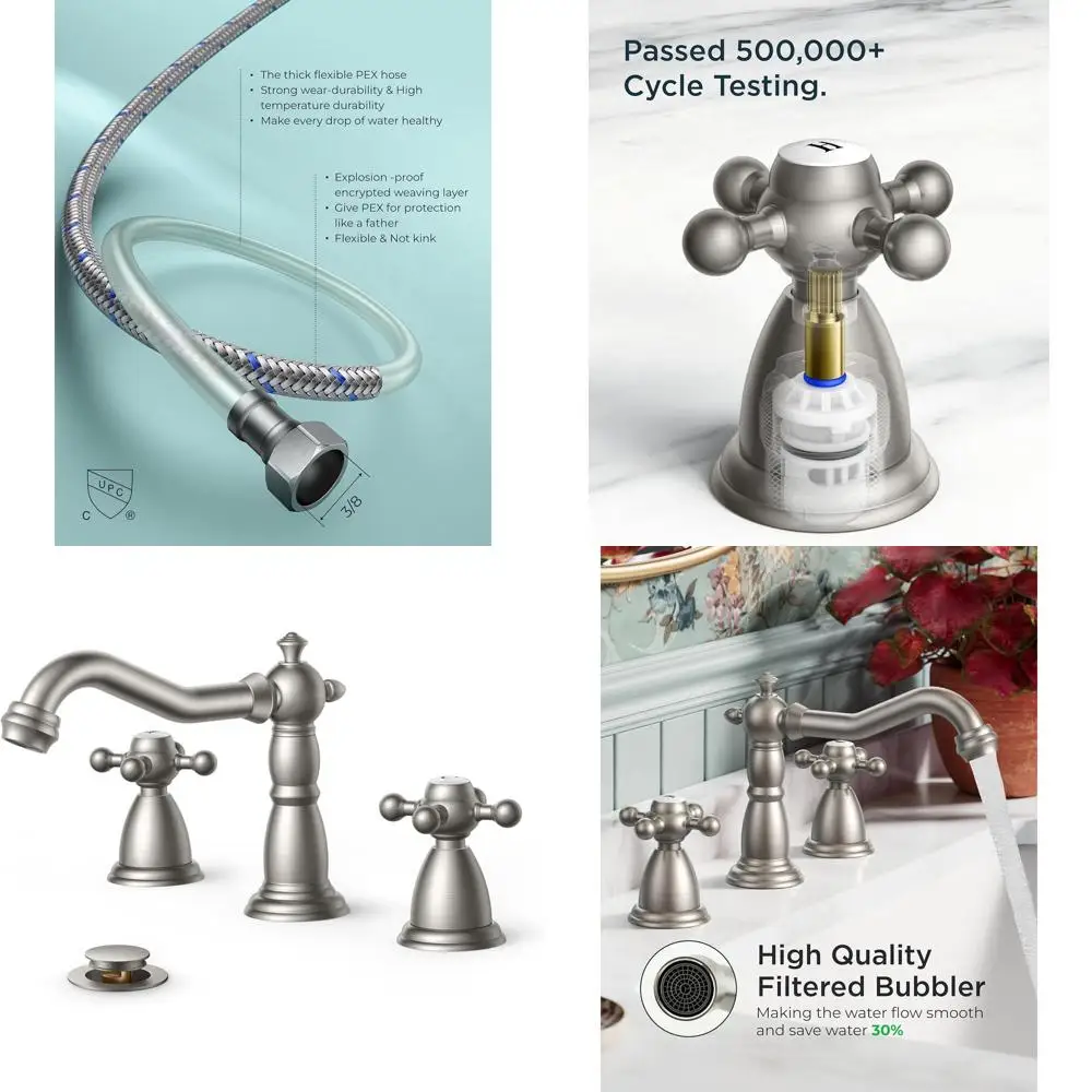 

3-Hole Brushed Nickel Bathroom Sink Faucet with 2 Cross Handles, 8 Antique Brass Widespread for RV Vanity & Farmhouse Style, Inc