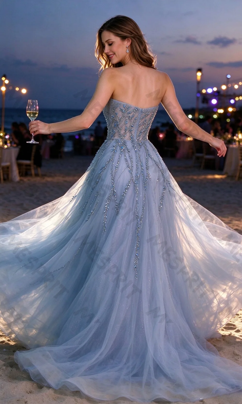 Customized Exquisite Strapless Mermaid Evening Gowns with Sleeveless Sequins Beaded See Through Back Mesh Trailing Party Dresses