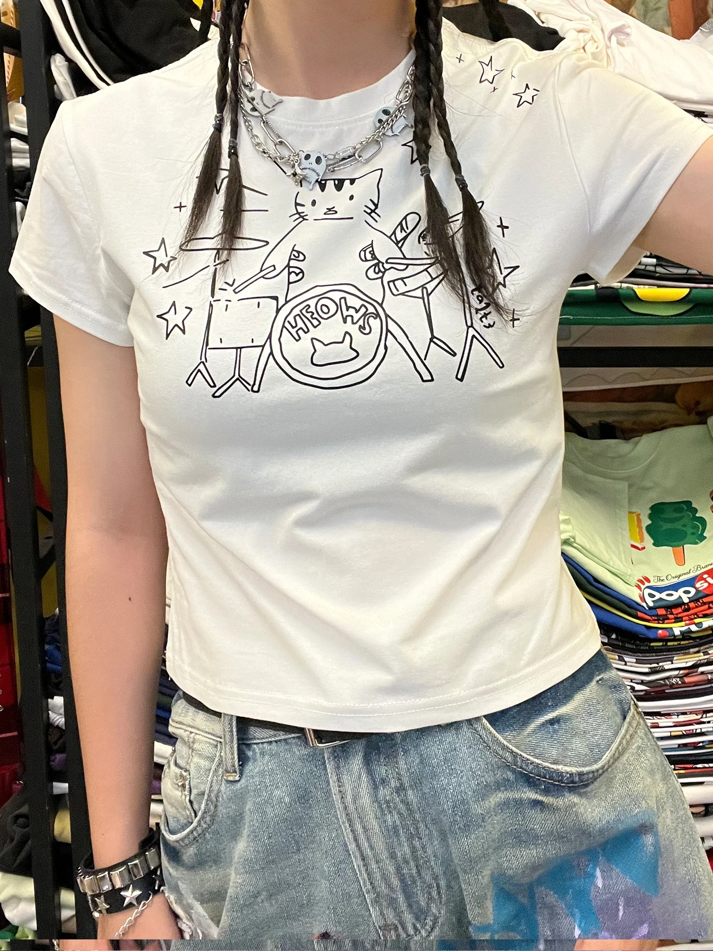Y2K Long Body Slim Fit Short T-Shirt  Drumming Studio Wang's Share Heart's Delight Fashionable Casual Wear