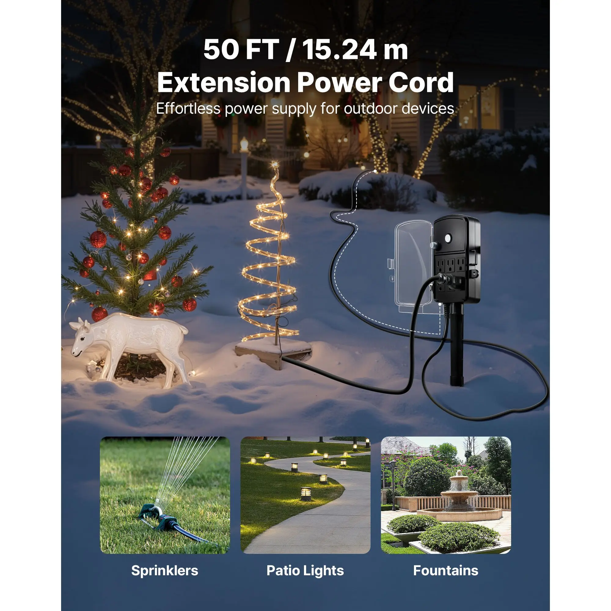 Outdoor Power Stake, 50 FT Extension Cord, Strip Weatherproof with Cover and Overload Protection, 6 Outlets, 15A/1875W
