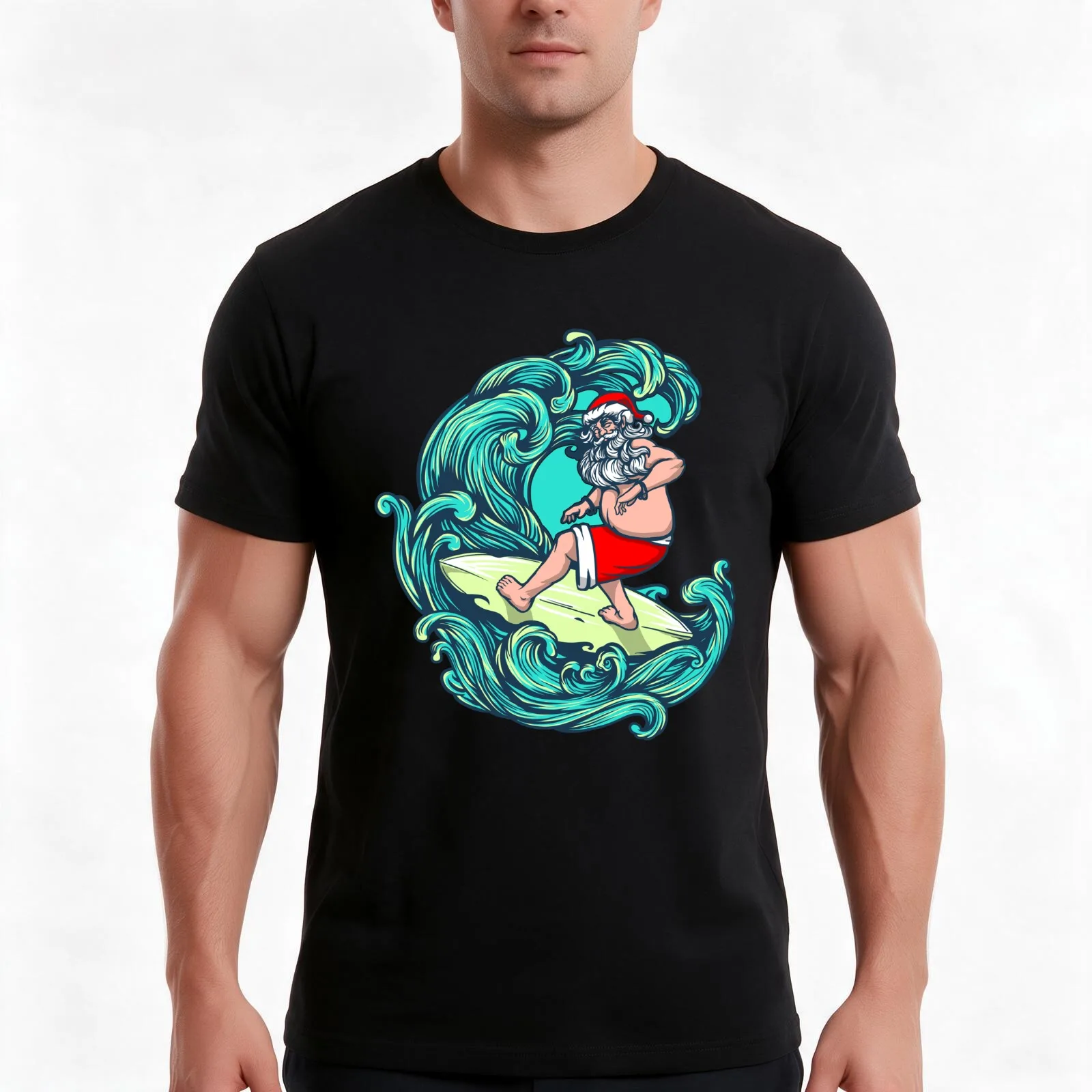 Santa Surfer On His Surfboard Hawiian Way - Xmas Design Gift T-Shirt, Summer Casual Cotton Tee, Oversized Streetwear Tops
