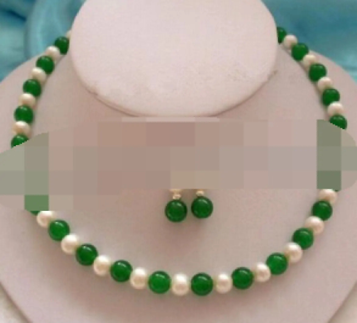 HANDMADE NATURAL 7-8MM REAL WHITE PEARL  GREEN  BEADS NECKLACE EARRINGS SET