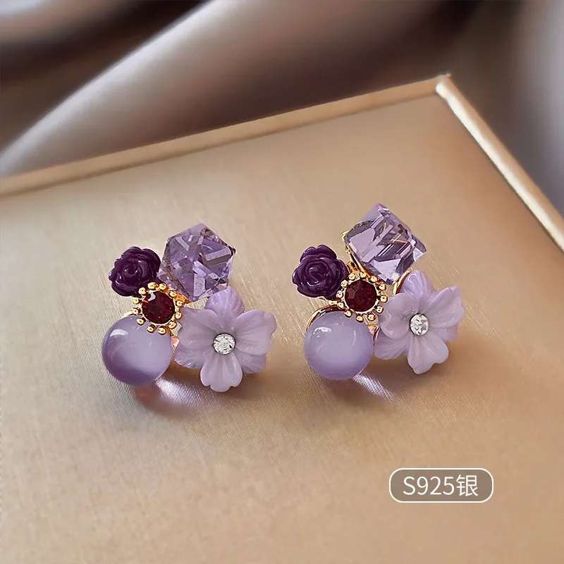 Korean Fashion Purple Crystal Flower Earrings for Women with Gentle Temperament Wedding Party Anniversary Gift Jewelry Pendiente