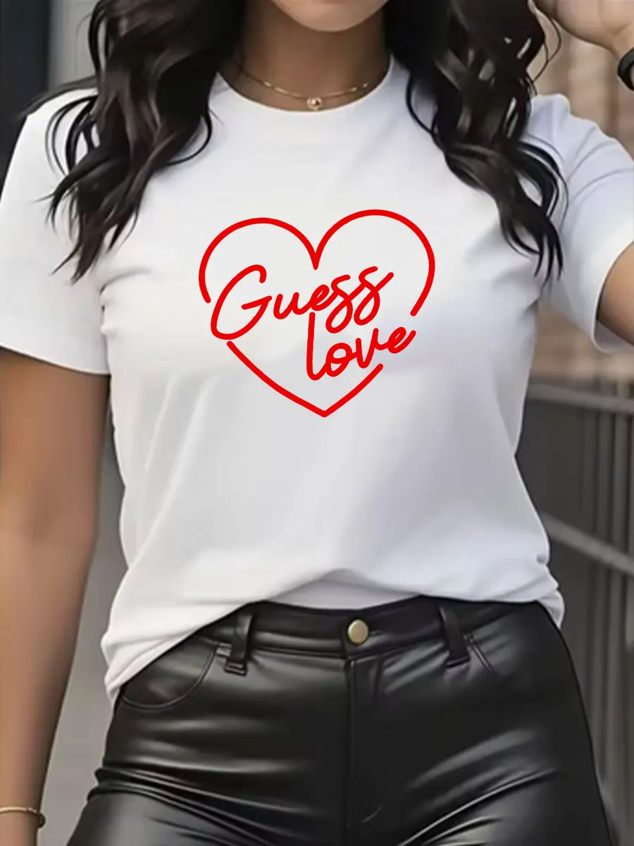 Camiseta informal de manga corta para mujer - top de cuello redondo con estampado de corazón rojo en forma de "Guess Love" tallas S-5XL