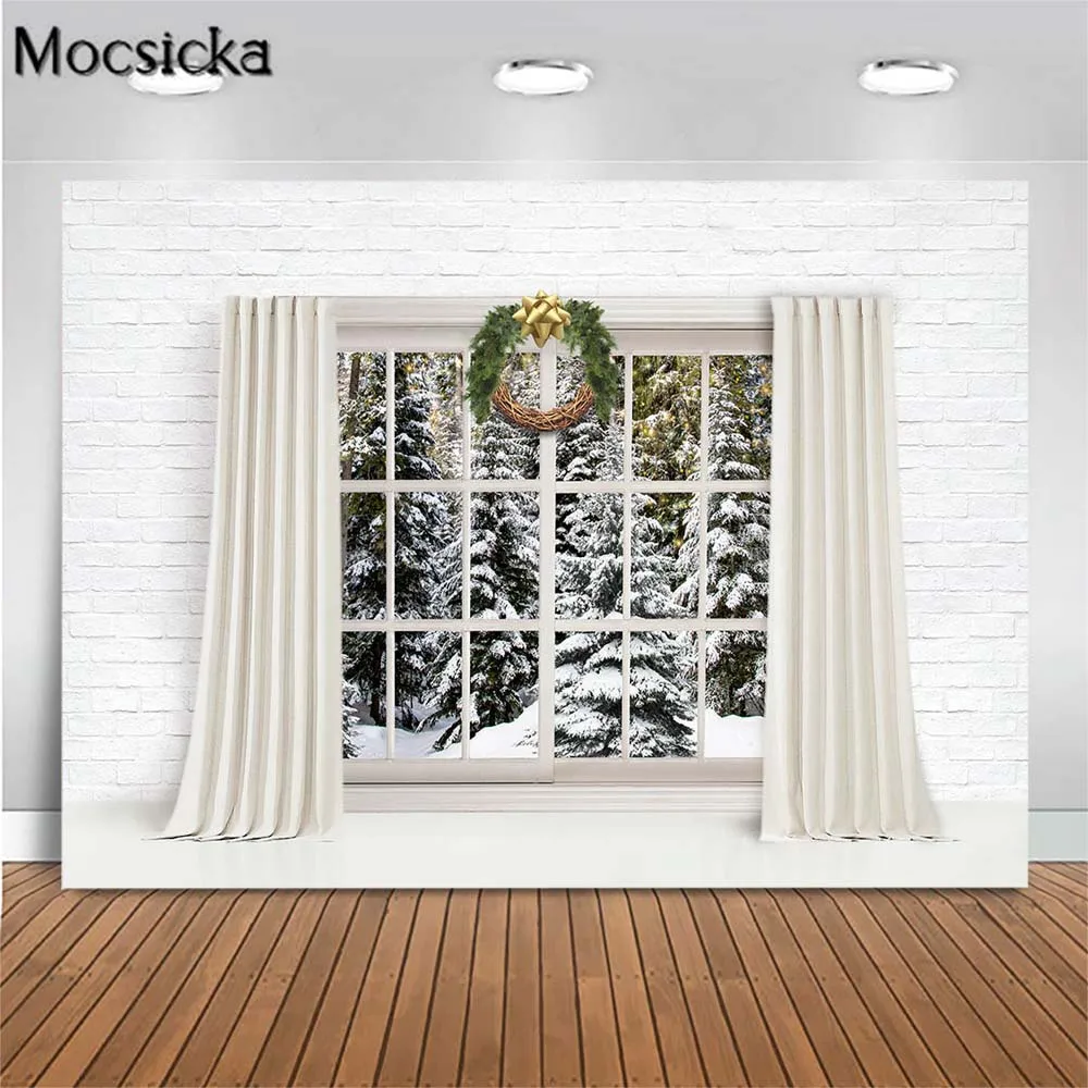 

Mocsicka Christmas Photography Backdrops White Brick Wall Curtain Window Snowy Forest Photo Backgrounds Studio Photo Booth Props