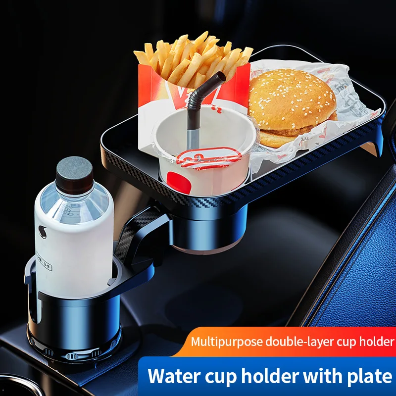 Multi-functional car-mounted 360° rotatable adjustable dual cup organizer with food table,suitable for snacks,drinks hamburgers