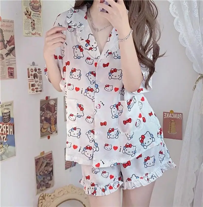 

Anime Hello Kitty Kuromi Cinnamoroll Cute Summer Pajama Set Cartoon Sweet Girls Home Clothes Short Sleeve Shorts Pajama Set Gift