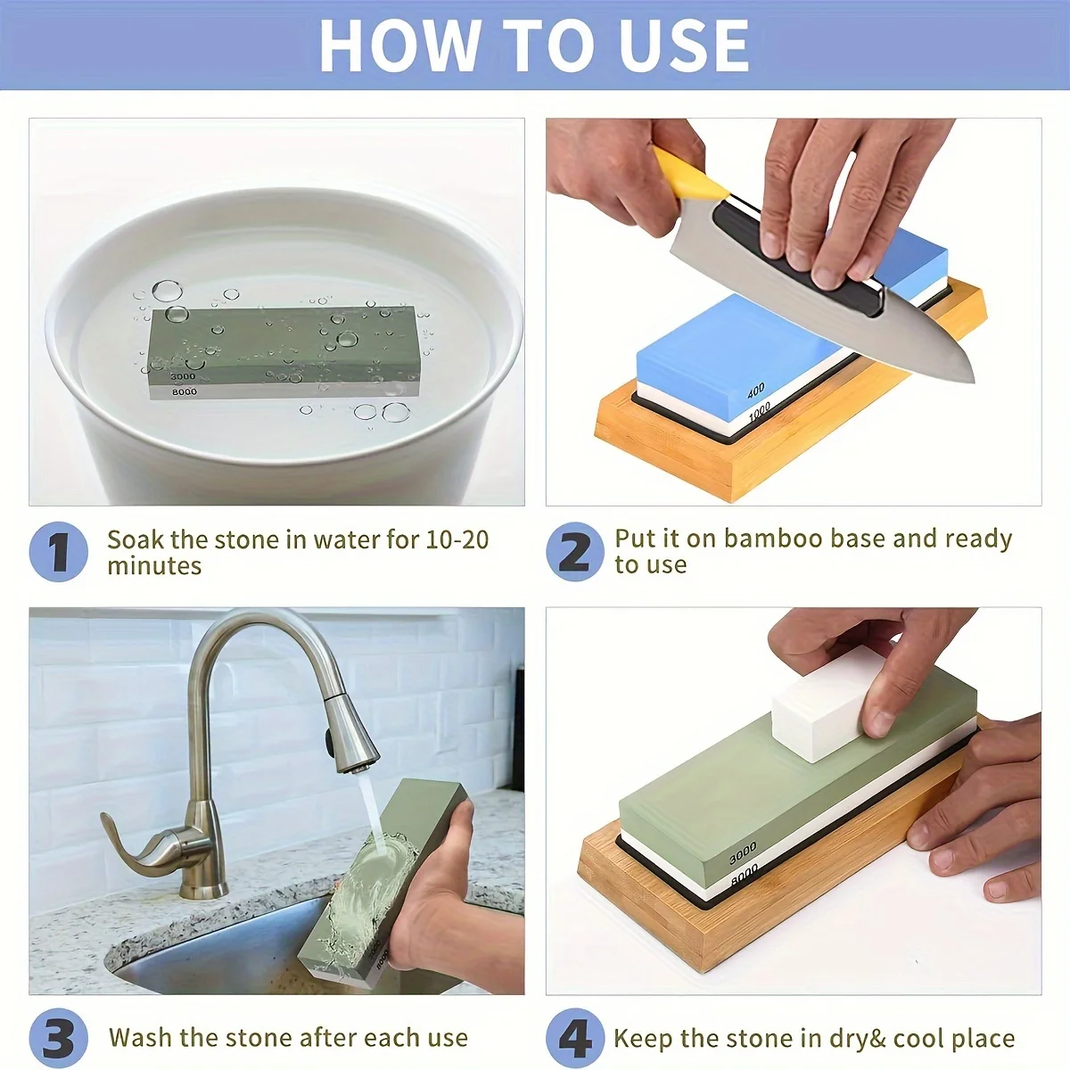 Sharpening Stone  Set 4 Side Grit 400/1000 3000/8000, Premium  Knife Sharpener, Knife Sharpening Stone Kit with Bamboo Base