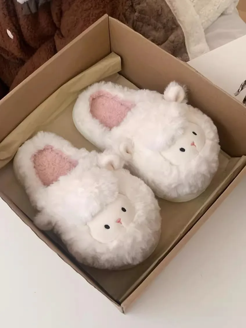 Cute Sheep SlippersWinter Bedroom Home Comfortable Soft Soled Fur Shoes Ins Soft Cute Lamb Cotton Slippers For Women