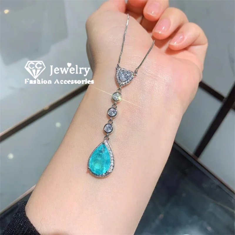

CC Pendant Necklace for Women Sea Blue Created Topaz Stone Water Drop Shape Fashion Accessories Party Fine Jewelry Gift CCN759