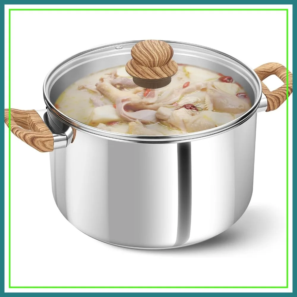 

8 Quart Stainless Steel Stock Pot with Visible Lid, Heat-Resistant Double Handle, Induction Compatible, Dishwasher Safe