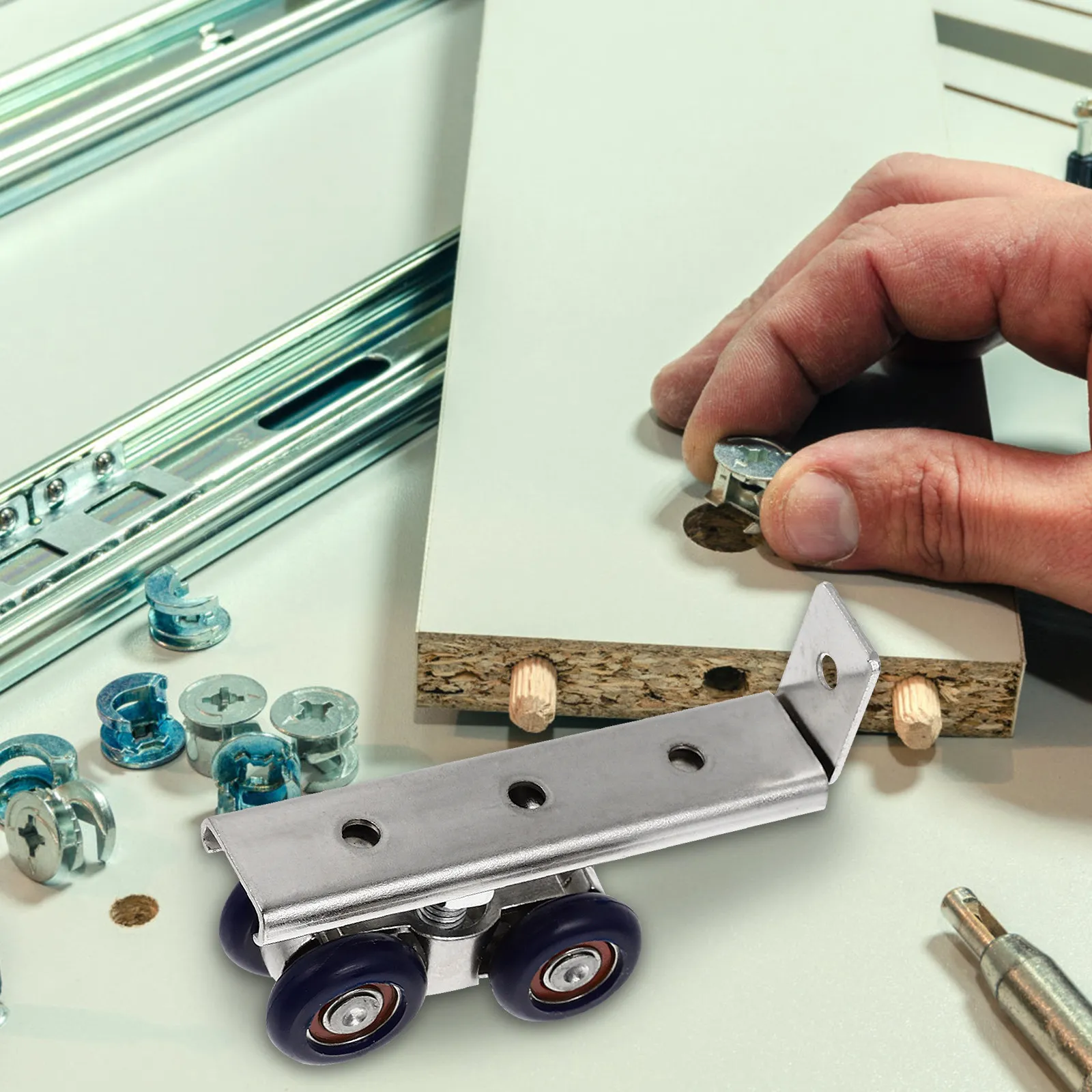 1Set Sliding Door Roller Pulley Wheels Metal Four Wheel Design Rust Resistant for Wardrobe Cupboard Drawer Sliding Door Track