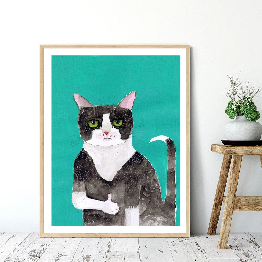 Tuxedo Cat Thumbs Up Pale Art Prints Poster Green Humour Canvas Painting Cat Lover Wall Pictures Living Room Kitchen Home Decor