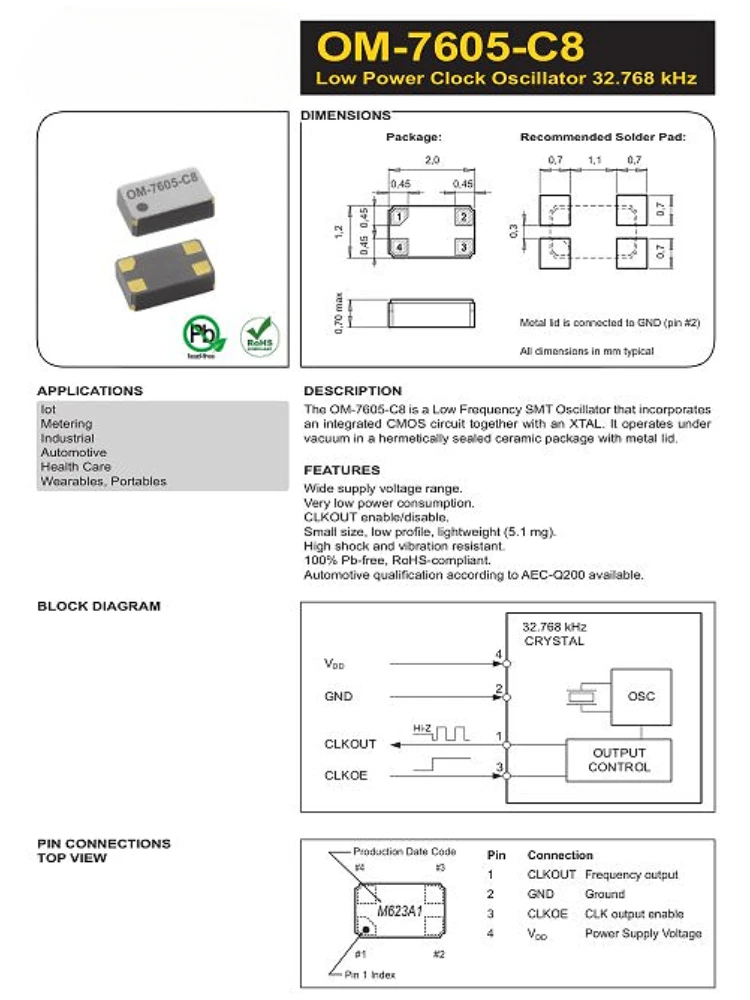 (10piece)OM-7605-C8-32.768KHZ-20PPM-TA-QC SMD2012-4P Standard clock oscillator