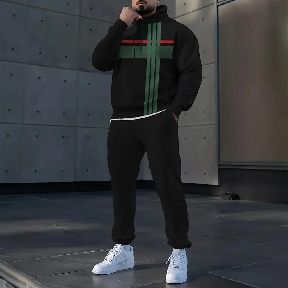 심플한 스트라이프 프린트 남성 후드 세트 가을 겨울 캐주얼 스웨트셔츠 바지 투피스 패션 고품질 체육관 스포츠 의류
