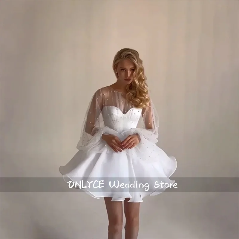 Romantic A Line Mini Wedding Dress O Neck Full Sleeves With Pearls Organza Tiered After Party Gown Women vestidos de novia