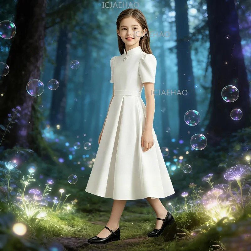2026 Children Girls Simple Formal  Princess Gown Host Piano Performance Pageant ClothesDress Chinese Style White Satin Birthday