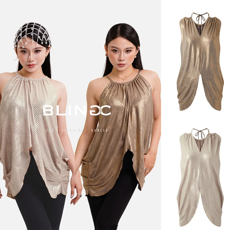 

2026 New Female Latin Dance Costumes For Women Glossy Hanging Neck Top Chacha Tango Samba Dance Practice Training Wear DQL12772