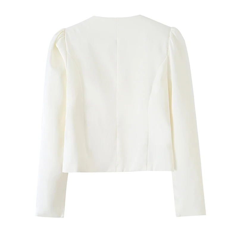 YENKYE Chic Women Round Neck Crop Blazer Puff Long Sleeve Single Breasted Slim Elegant Office Casual Outerwear