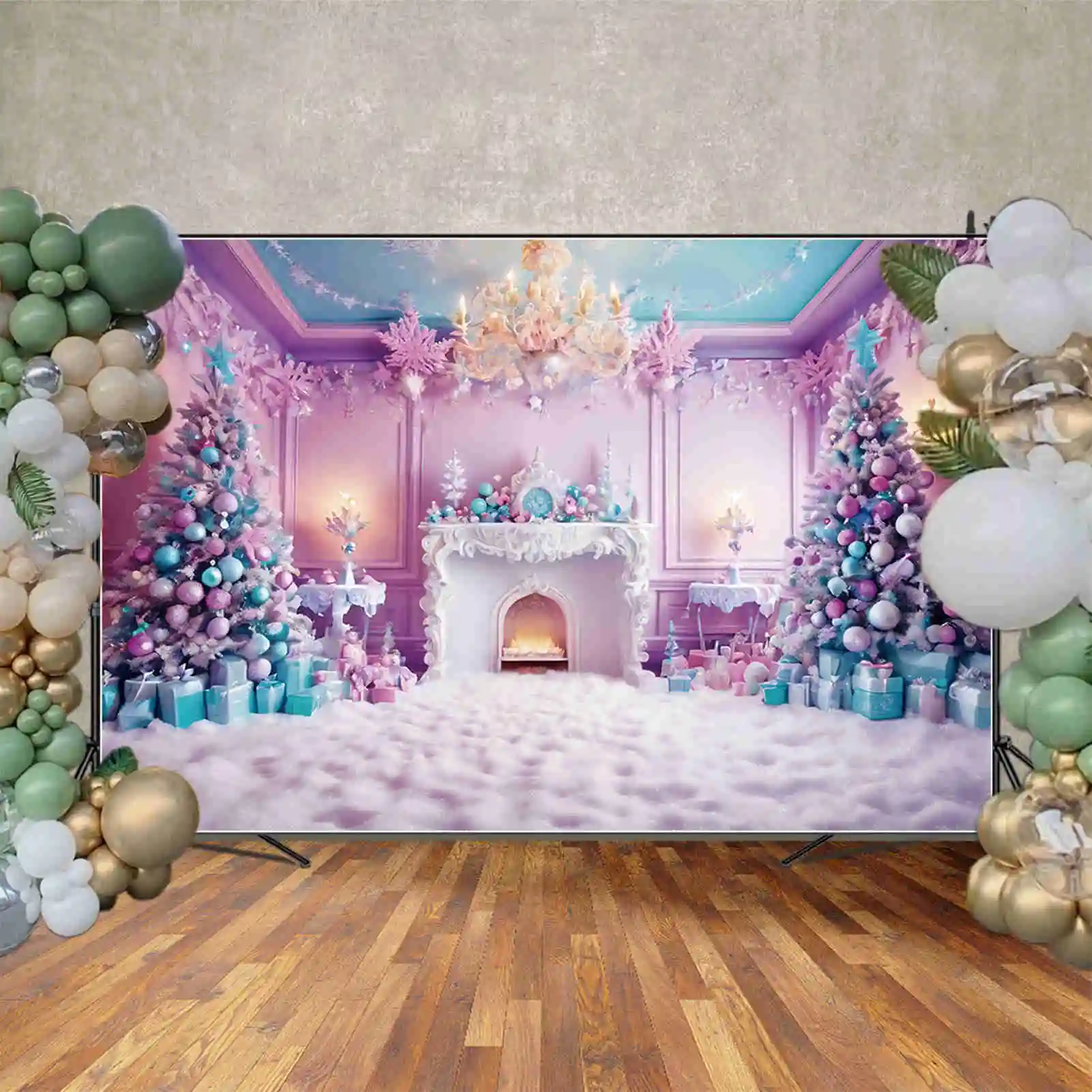 MOON.QG Christmas Blue Pink Christmas Tree Backgrounds Fireplace Princess Ornamented Tree Western Backdrop Party Photozone Props