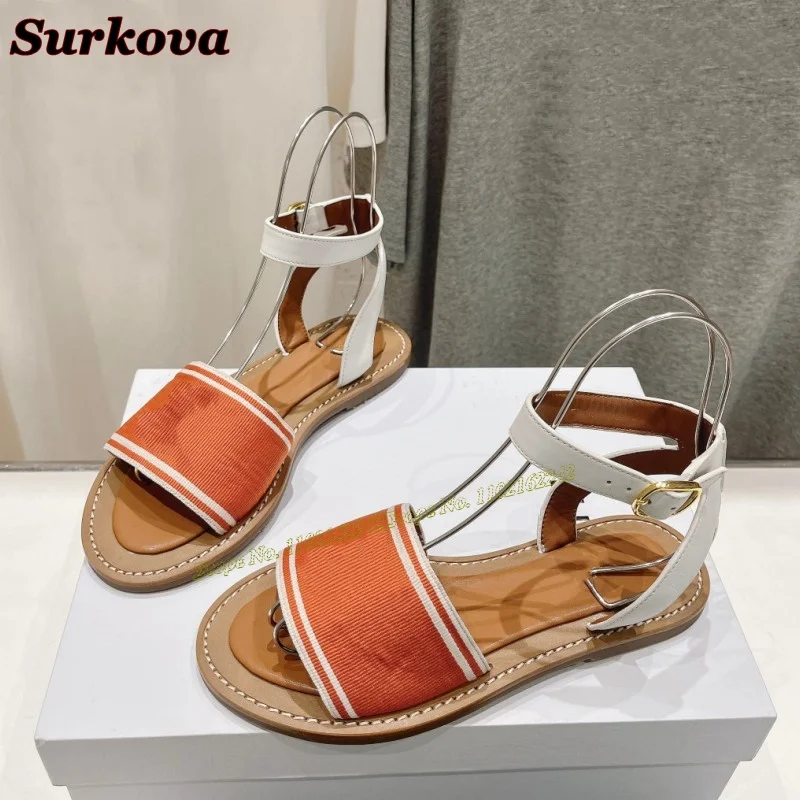 

New Summer Genuine Leather Sandals Retro Color Matching Buckle Strap Flat Shoes Comfortable Casual Versatile Beach Shoes Women