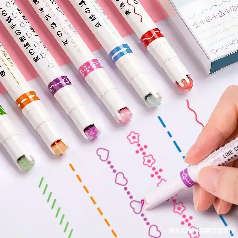 Kawaii Roller Tip Curve Liner Marker Pens Colorful Line Flowers Love Shaped Highlighter Graffiti Pen Korean Stationery Office