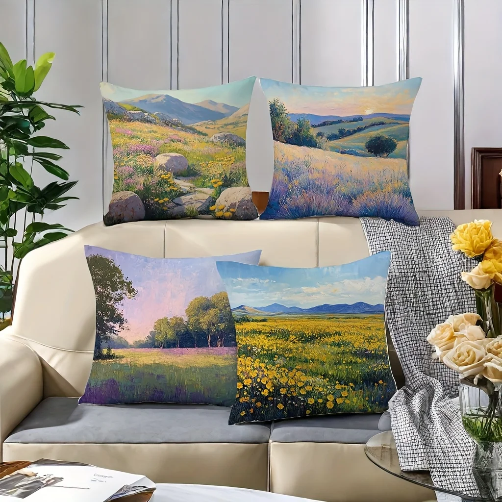 Ultra High Quality 4pcs Pillowcase Set Boho Nature Print Floral Meadow Landscape Cushion Covers Decorative Throw Pillow 40x40cm