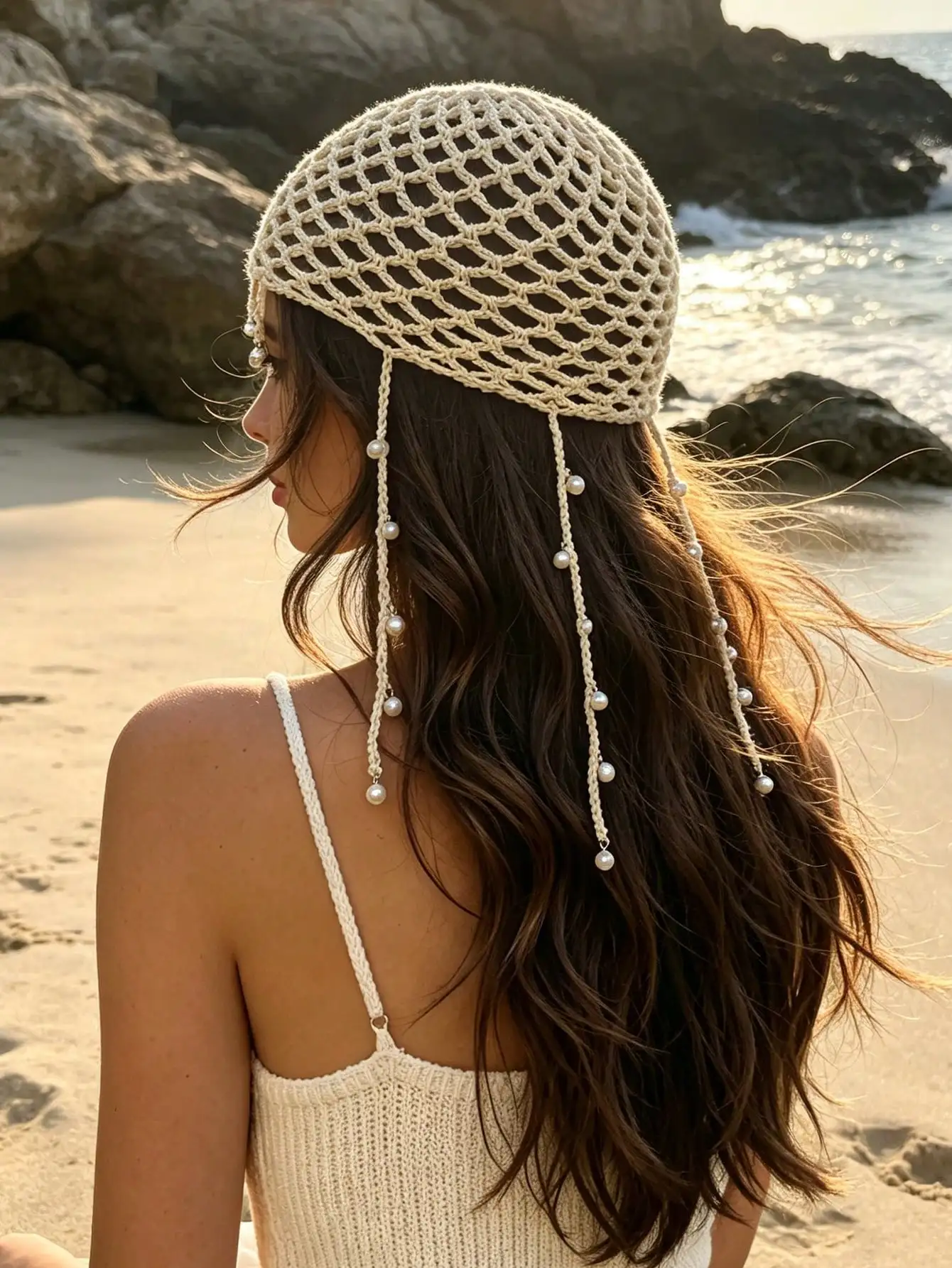 Bohemian Pearl Pendant Hollow Knit Hat Women's Decorative Hat Beach Vacation Travel Accessory Party Decoration Gift For Friends