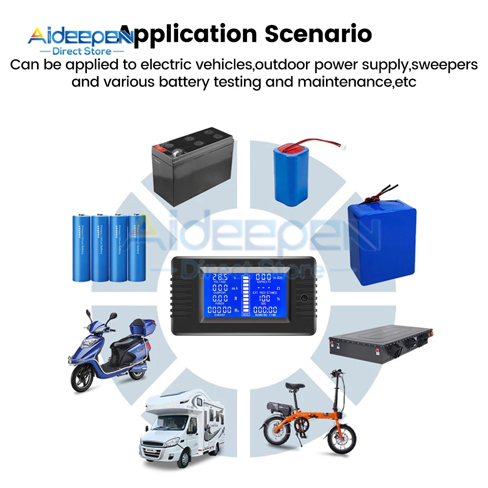 PZEM-015 DC 8-120V 50A 100A Digital Battery Tester Ammeter Voltmeter Power Meter Power Capacity Impedance Residual Power Tester