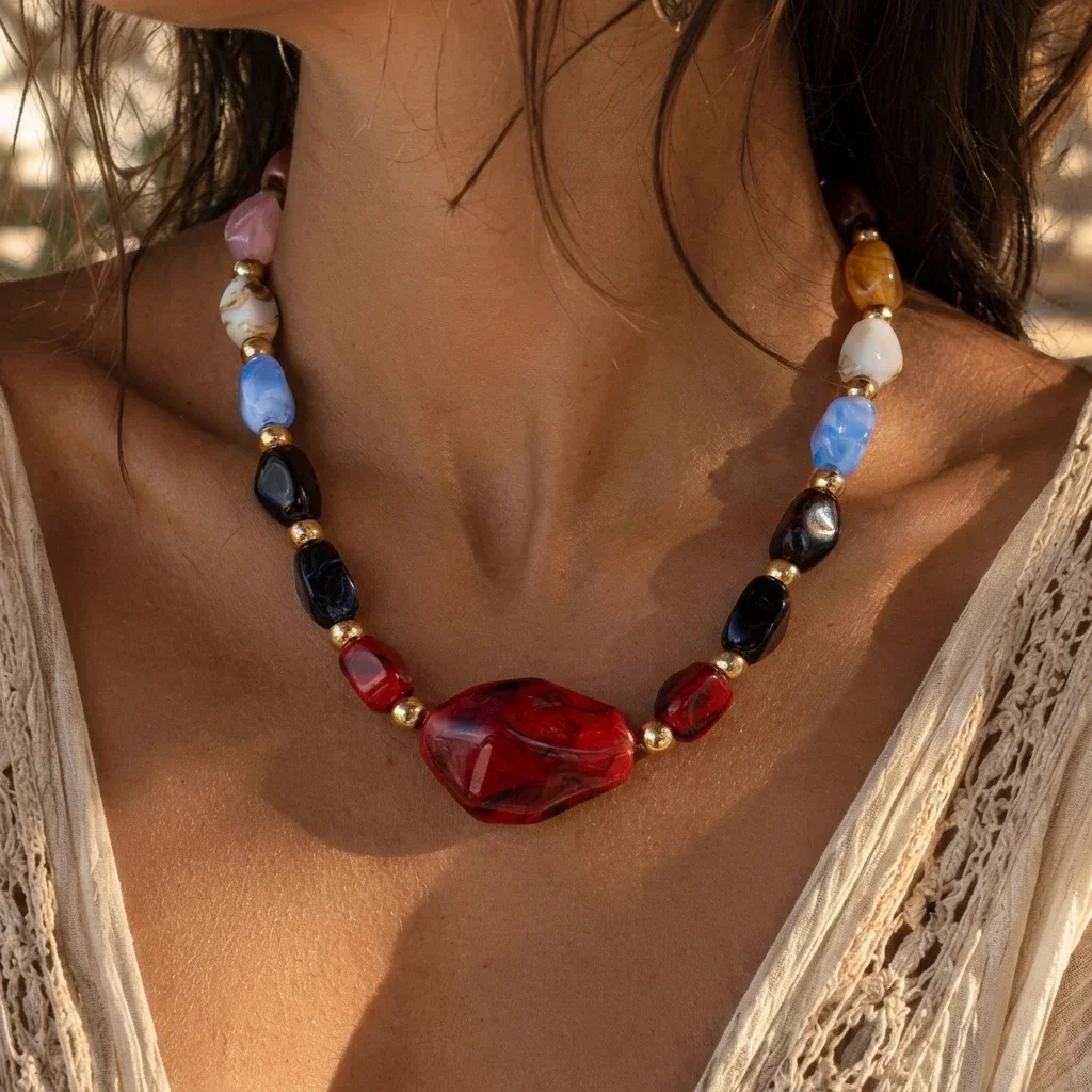 Bohemian Retro Style Colorful Acrylic Beaded Necklace for Women Sweet Irregular Heart Geometric Pendant Clavicle Chain Jewelry